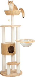 Wood Cat Tree for Large Cat, 57-Inch Tall Cat Tower with Scratching Post for Indoor Cats, Multi-Level Cat Condo with Hand-Woven Cat Bed and Acrylic Bowl Easy to Clean