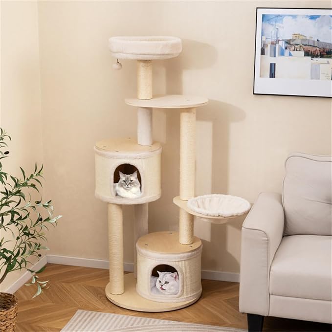 60" Tall Wood Cat Tree Tower with 2 Condos & Top Perch, Cat Tree for Indoor Cats Large Adult, Modern Cat Tree Tower for Large Cats with Sisal Scratching Posts