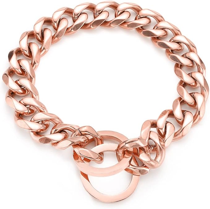 Rose Gold Dog Chain Collar 11mm/15mm/19mm Stainless Steel Cuban Link Chain Collar for Small Medium Large Dogs(19mm,18inch)