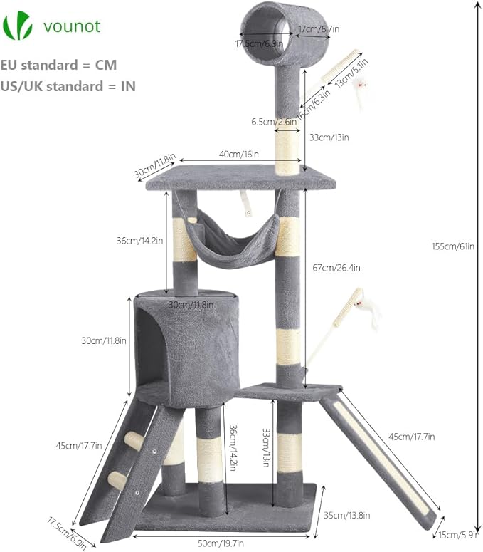 VOUNOT Cat Tree Tower, Multi-Level Cat Climbing Frame, Cat Condo with Sisal Scratching Post, Grey XXL
