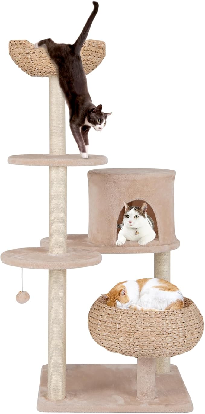 Tangkula Modern Cat Tree, 58 Inch Cat Tower with Sisal Scratching Posts, Condo, Cattail Plush Perch, Basket Cat Bed, Dangling Ball, Removable & Washable Cushions, Aesthetic Cat Tree for Indoor Cats