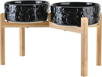 SPUNKYJUNKY Elevated Dog Bowls Ceramic, 8.3'' Dogs Food Water Bowls Raised with Non-Slip Bamboo Stand for Large Sized Breed Microwave Dishwasher Safe - 60 OZ,Skull Black