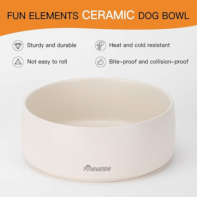 Ceramic Dog Bowl - 2 Piece Modern Pet Feeding Bowl, Spill Resistant, Heavy Duty for Small & Large Dogs (Beige, 5.5-8inch)