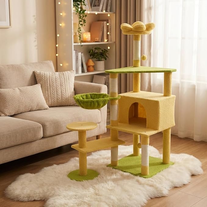 56-inch Flower Cat Tree, Large Cactus Cat Tree Tower Condo with Sisal Scratching Post, Cat Condos, Hammock, Removable Flower Cushion, Multi-Level Pet Activity Center, Pink (Yellow-56 inch)
