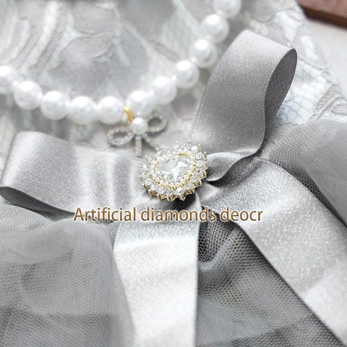 ANIAC Gray Dog Dress for Small Dogs Female,Bow Knot Girl Puppy Clothes with Detachable Pearl Necklace, Elegant Cat Dress, Formal Pet Pary Outfit for Wedding Birthday Valentines (Gray, Large)
