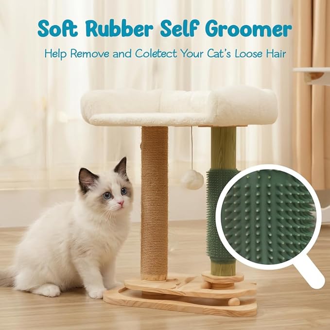 4-in-1 Small Cat Tower with Bed for Kittens, Cat Tree with Cat Self Groomer Brush, Track Balls, Natural Sisal Cat Tower with Interactive Toy, Scratching Post for Indoor Cats