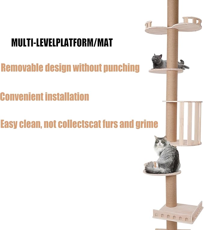 Floor to Ceiling Cat Tree Height 100-104inch, Adjustable Cat Tower 5 Tier Hemp Scratching Post with 4.5'' Thickened Post, 5 Level Cat Climbing Tower, Platforms Indoor Cats (Type B)