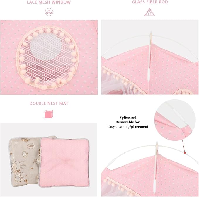 Selena Cat Bed Tents Dog House Indoor Outdoor Lace Mesh Breathable Windows Door Curtains Removable Portable Nest Teepe House (Small,Pink(Flower))