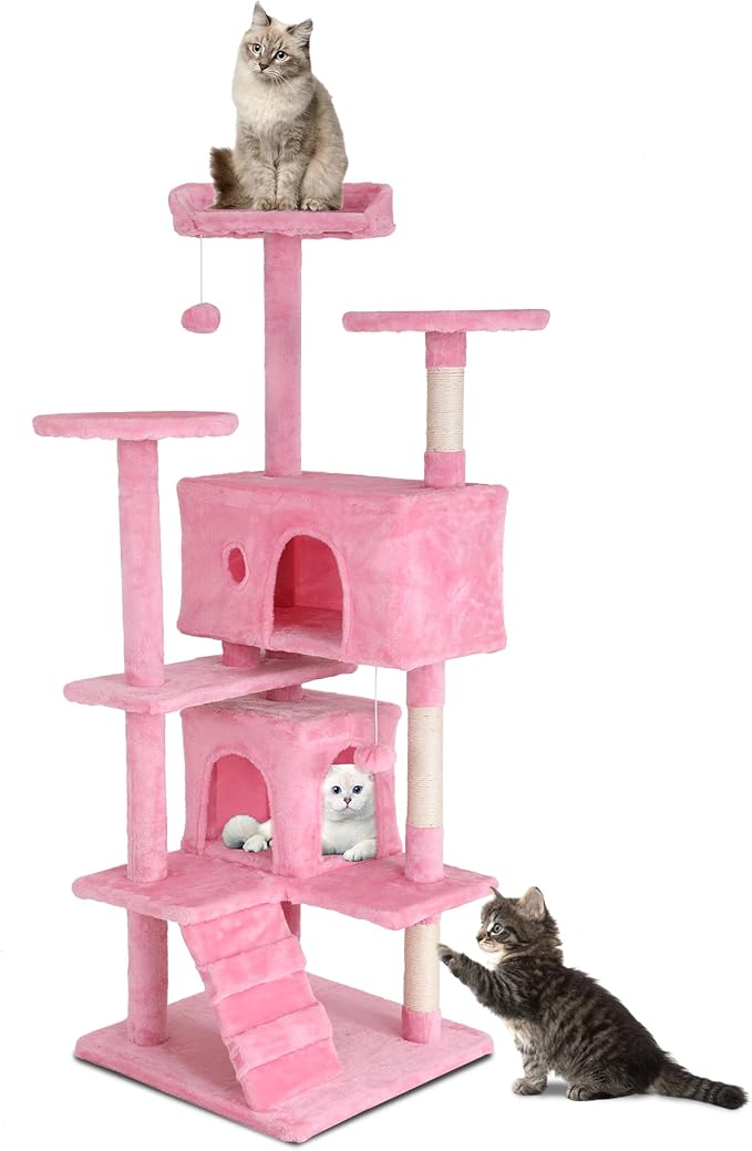 Large Cat Tree, 54 Inches Cat Tower Condo with Scratching Post for Indoor Cats, Wrapped Sisal Pole, Platform, Baskets & Dangling Toy, Pink