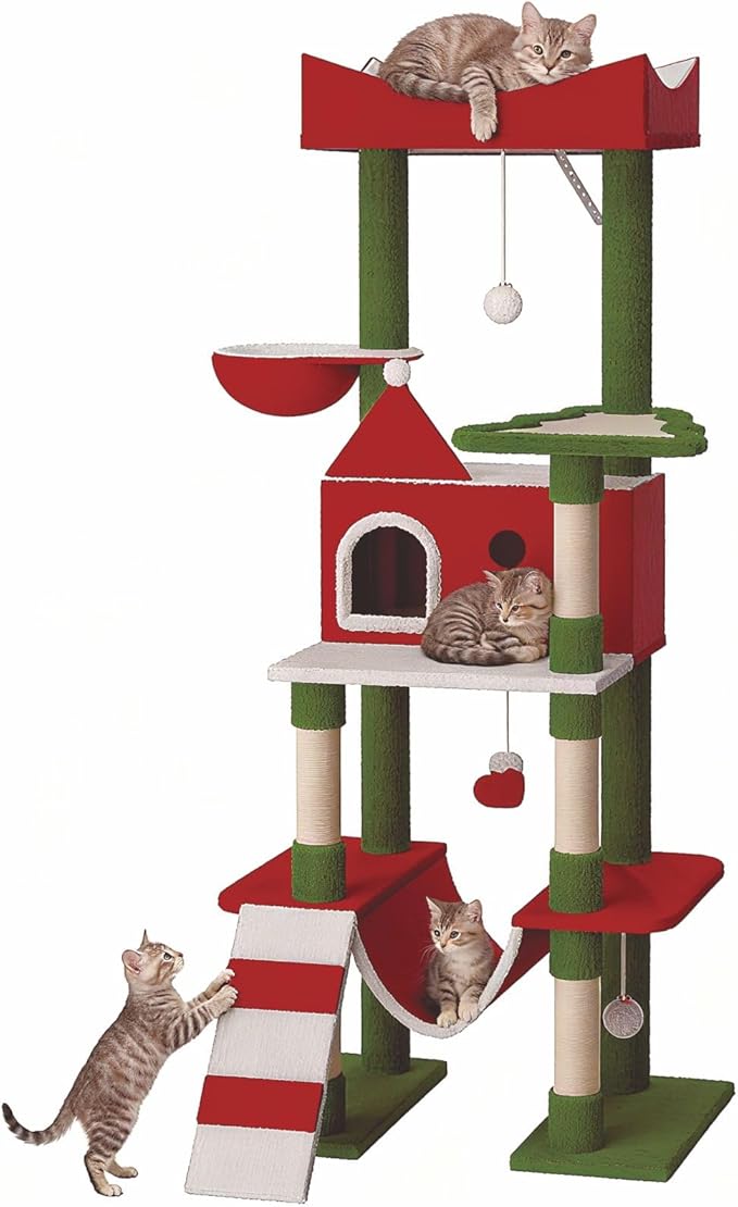 63" Large Christmas Cat Tree Tower Indoor: Tall Modern Cute Heavy Duty Cat Condo House with Scratching Post & Hammock for Maine Coon