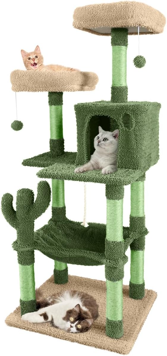Cactus Cat Tree, Multi-Level Cat Activity Tower with Plush Perch, Scratching Posts, Ramp & Cat Cave Condo for Large Cats & Kittens, 58-Inch