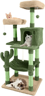 Cactus Cat Tree, Multi-Level Cat Activity Tower with Plush Perch, Scratching Posts, Ramp & Cat Cave Condo for Large Cats & Kittens, 58-Inch