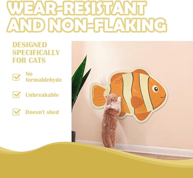 Fish-Shaped Cat Scratch Pad - Wall-Mountable Polyester Cat Scratcher with Free Cat Teaser Toy, Orange, 1 Piece