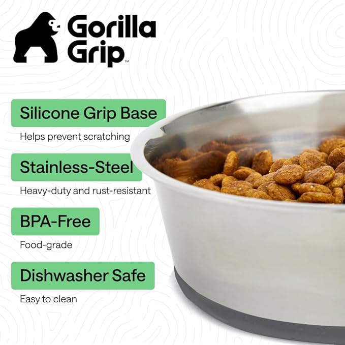 GORILLA GRIP Dog Bowls, Food Grade 304 Stainless Steel, Holds 4 Cups Each (32 fl oz) Food and Water Bowl for Feeding Dogs and Cats, Dishwasher Safe, Rust Resistant, BPA Free Rubber Base Set of 2 Gray