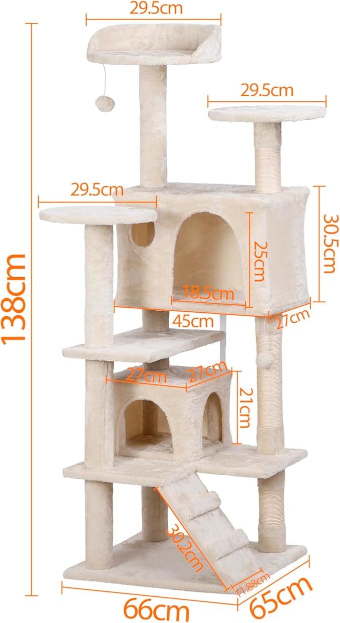 LEMY 54 Inch Cat Tree,Multi-Level Cat Tower Condo for Indoor Kittens,Beige Cat House with Sisal-Covered Scratching Post for Cats to Play and Sleep
