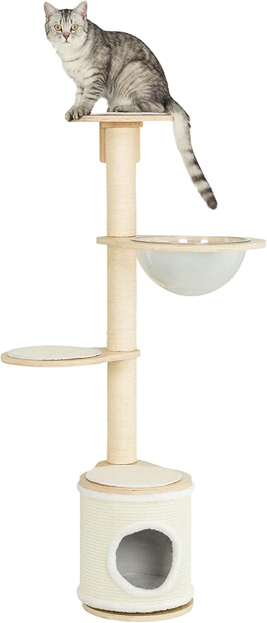Trixie Mateo Wall Mounted Cat Tree – Jute & Plush Wall System with Hammock, Condo & Platforms – Compact Cat Furniture for Indoor Cats – Natural/White, 25.59" x 21.65" x 54.33"