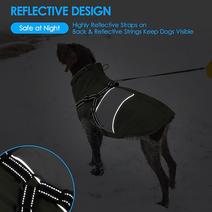 KOESON Large Dog Coat, Warm Dog Winter Coat Cold Weather Jacket with Built-in Harness and Reflective Straps, Windproof Pet Puffer Jacket Zip Up Fleece Vest for Pitbull, Husky, Army Green L