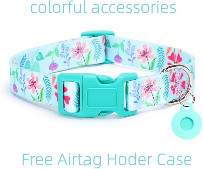 Dog Collar with Leash Airtag Holder Case Set - Dog Collars for Male Female Boy Girl Puppy X-Small Small Medium Large Dogs Walking Running Training - Verdure Daisy/M