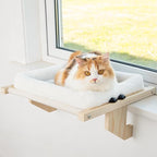 Cat Sill Window Perch - 100% Natural Pine Frame, Soft Rabbit Fur Cushion, Tool-Free Adjustment, Supports 40 lbs (Medium-White)