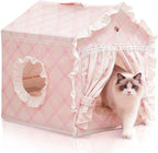Cat Bed, House for Indoor Cats, Accommodate 11-33 lb Cute Tent Bed with Cover Cave, Breathable, Washable, Foldable Indoor Dog House with Frame, All Season (Pink, S)