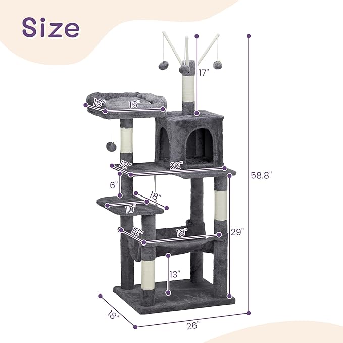 57" Cat Tower for Indoor w/Cat Toy Balls, Modern Cute Cat Tree for Cats Kittens, Multi-Level Cat Activity Tree w/Scratching Posts, Cat Cave Condo,for Indoor Cat Kitty as Pet Play House Activity Center