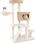 PETSITE 50 inch Cattail Cat Tree Tower, Multi-Level Cat Tower with Sisal Scratching Posts, Condo, Side Basket, Ladder, and Top Perch with Removable Soft Cushion, Modern Cat Tree for Indoor Cats