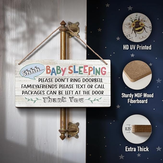 YZEXEZY Baby Sleeping Sign 6"x12" Do Not Knock or Ring Doorbell Wooden Hanging Sign for Front Door Nursery Home Bedroom-Do Not Disturb