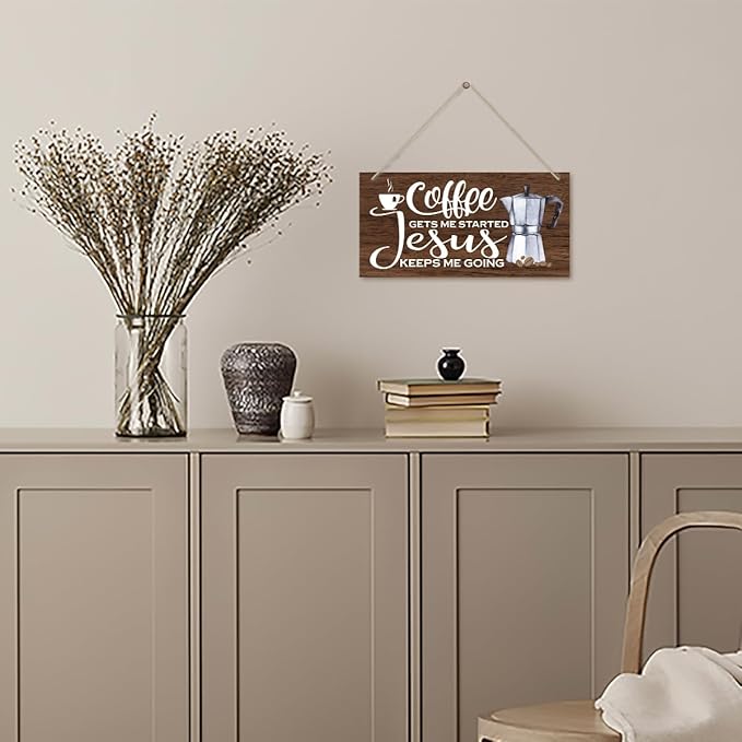 K1 Hanging Wooden Plaque Decor - Jesus Keeps Me Going, Coffee Bar Sign, Rustic Farmhouse Kitchen Wall Decor, 12x6 inch