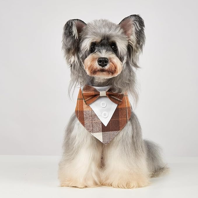 Fall Dog Tuxedo Bandana, Orange Plaid Pet Collar with Bowtie, Adjustable Halloween Thanksgiving Dog Tux Costume for Small to Extra Large Pets