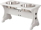 Piskyet Elevated Dog Bowls,Farmhouse Dog Bowls Stand, Raised Dog Bowl with 2 Stainless Steel Wooden Dog Bowls,7 Cups 11''H_55 oz Bowl-White, GWJ-01