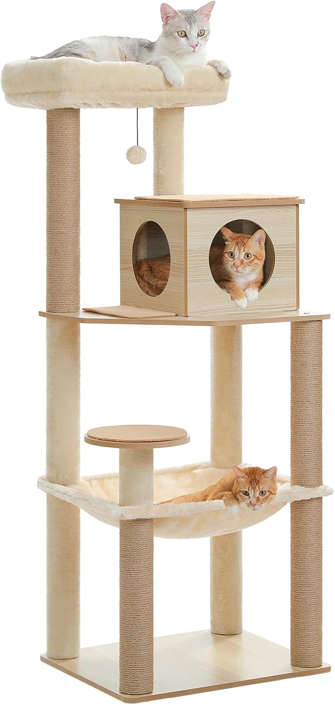Wooden Cat Tree, 56.3-Inch Modern Cat Tower for Indoor Cats Large Adult, Multi-Level Cat Condo with Large Hammock, Scratching Posts, Washable Removable Cushion & Non-Slip Jump Platforms, Beige