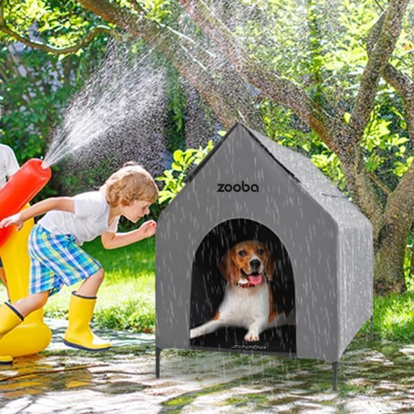 29" 2-in-1 Dog House for Medium Dogs, Elevted Dog House Outdoor/Indoor, Weatherproof Elevated Pet Shelter, Breathable Mesh & Steel Frame, Easy to Assemble & Clean(Grey)