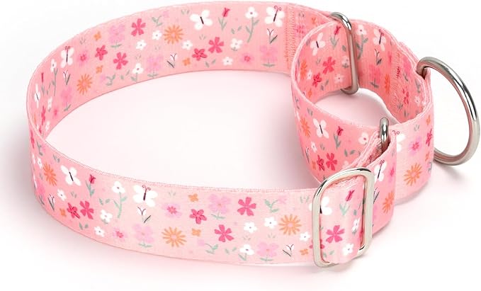 Martingale Collar for Dogs, Heavy Duty Adjustable Soft Nylon Dog Collars with Pink Flower for Medium & Large XL Dogs (Pink Flower,L)