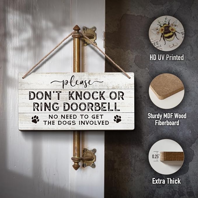 YZEXEZY Do Not Knock or Ring Doorbell Sign 6"x12"Dog Warning Wooden Sign for Front Door Hanger Gate Fence-Do Not Disturb