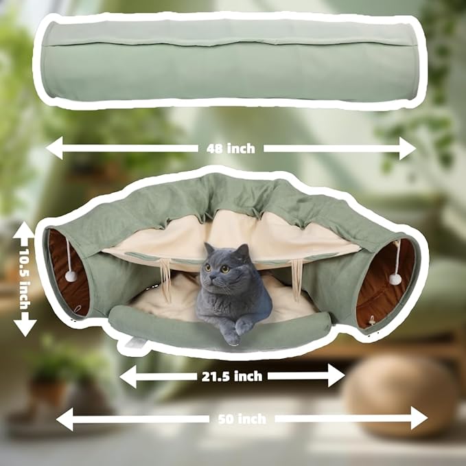 VelvetPaw 2-in-1 Foldable Matcha Bunny Tunnel & Pet Cushion Bed | Collapsible Hideout Toy with Removable Washable Soft Pad | Ideal for Rabbits, Bunnies & Kittens - Indoor Rest, Exercise & Play