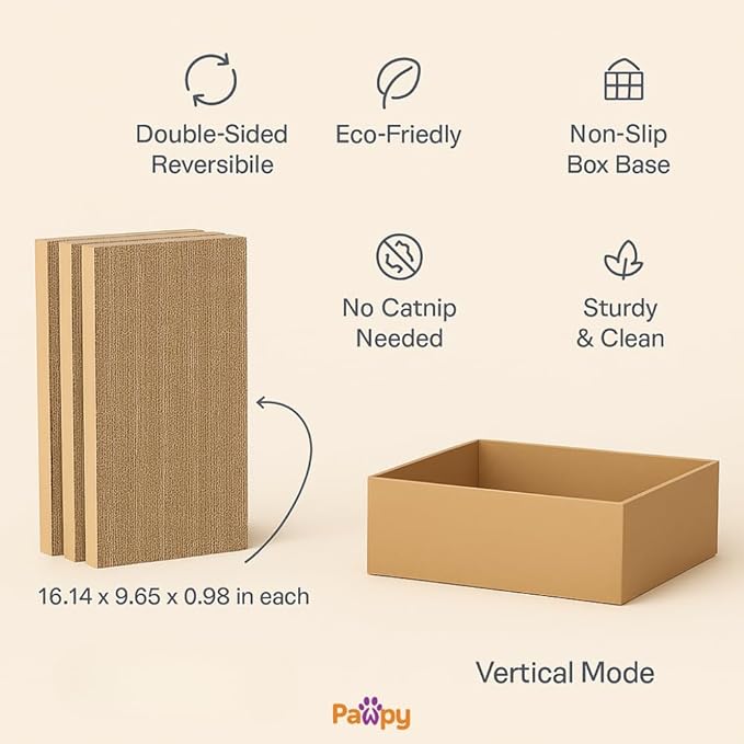 Cat Scratcher Box – Natural Kraft | Recyclable Cardboard Scratch Pads for Indoor Cats | Flat, Reversible Scratch Boards with Debris-Collecting Base