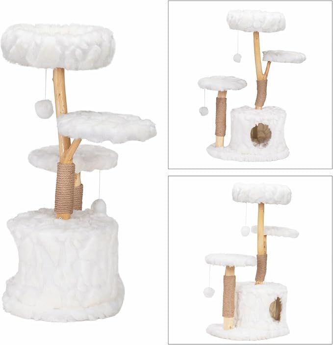 Cloud Cat Tree for Indoor Cats, 42" Modern Aesthetic Cat Tower with Solid Wood Branches, Top Cat Bed, Side Perch, Large Condo, Scratching Posts, Cat-Approved, White