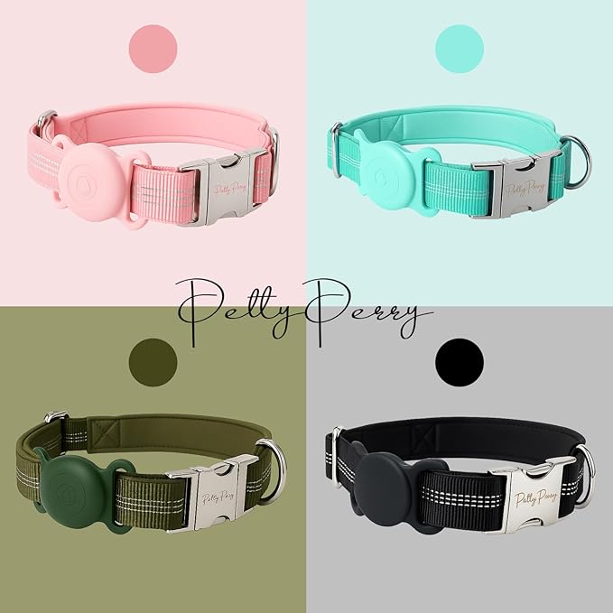 AirTag Holder Dog Collar for Large Medium Dogs, Adjustable Nylon Dog Training Collar with Quick Release Buckle, Reflective Heavy Duty Tactical Dog Collar with Handle (Pink S)