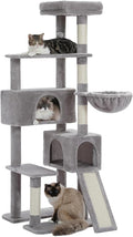 PEQULTI 60'' Cat Tree, Tall Cat Tower with 2 Large Condos, Wide Top Perch, Cozy Hammock and Sisal Scratching Posts for Indoor Cats Lare Adult Gray