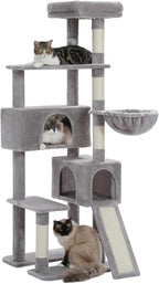 PEQULTI 60'' Cat Tree, Tall Cat Tower with 2 Large Condos, Wide Top Perch, Cozy Hammock and Sisal Scratching Posts for Indoor Cats Lare Adult Gray