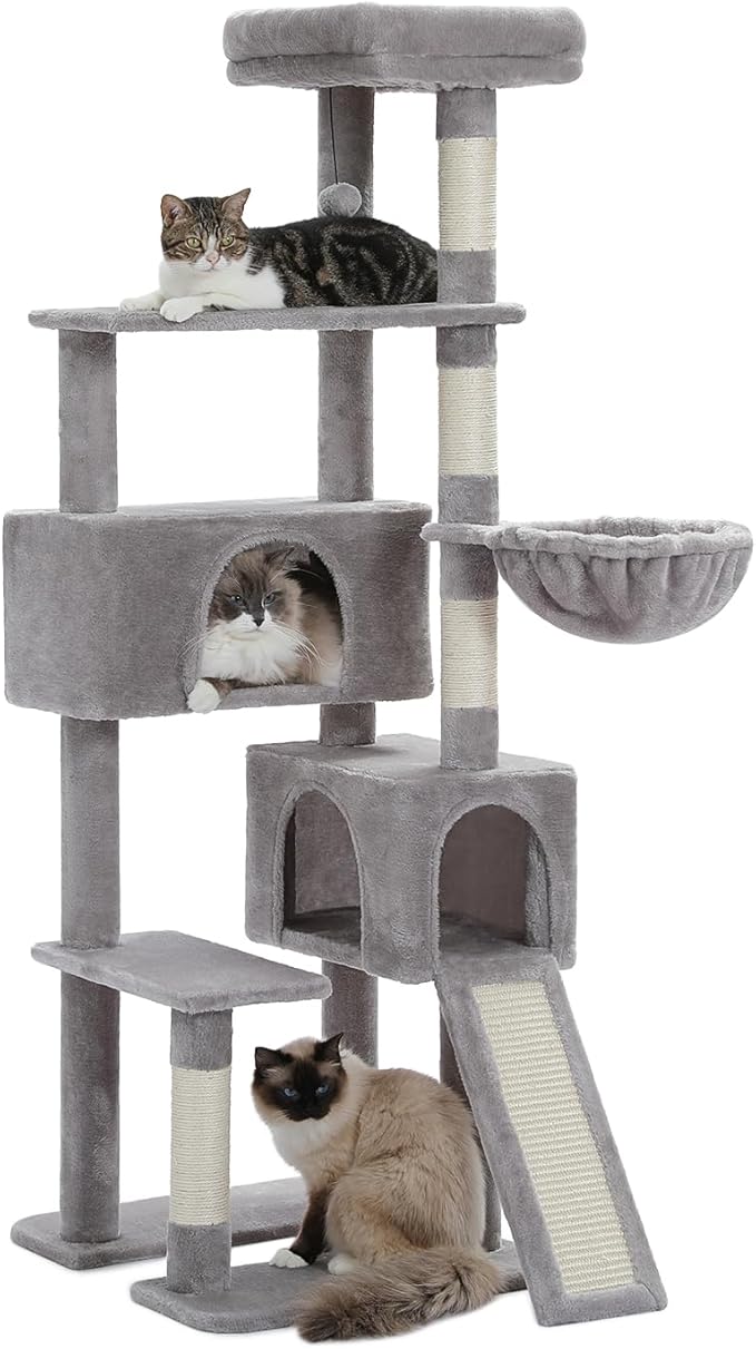 PEQULTI 60'' Cat Tree, Tall Cat Tower with 2 Large Condos, Wide Top Perch, Cozy Hammock and Sisal Scratching Posts for Indoor Cats Lare Adult Gray