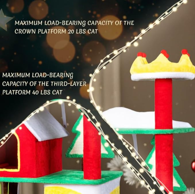 VINGLI 56IN Christmas Themed Plush Cat Tree, Multi Level Large Cat Tower for Indoor Cats with 3 Condos, Crown Top Perch, Xmas Tree Sisal Scratching Ramps, Posts & Hanging Balls Pet Activity Center
