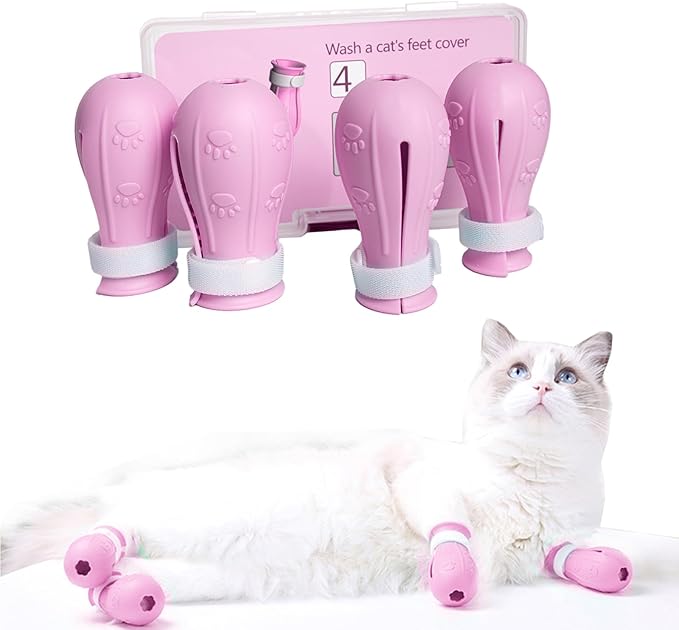 Yanniwani Cat Scratch Cover & Boots for Cats, Adjustable Bathing Gloves (Pink)