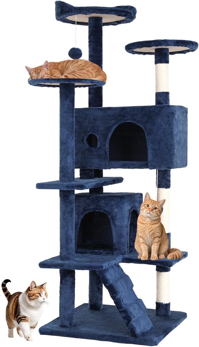 BestOffice 54 Inch Cat Tree, Multi-Level Cat Tower with Condo, Perches, Sisal Scratching Posts, Climbing Ladder,Indoor Activity Center Play House for Kittens & Adult Cats, Navy Blue