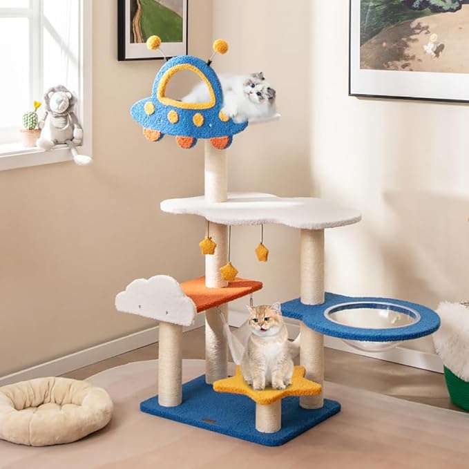 49" Space-Themed Cat Tree Tower – UFO Perch, Transparent Capsule, Hammock & Sisal Scratching Posts – 7-Level Modern Cat Condo for Indoor Cats