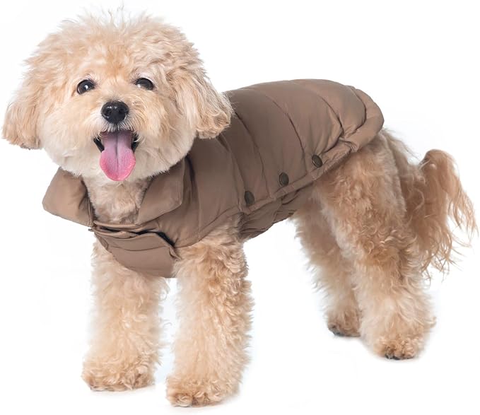 SPACE LION Dog Puffer Jacket, Down Winter Coat, Durable Outdoor Coat for Cold and Windy Conditions, Lightweight & Adjustable Fit Coats for Small Dogs, (Camel, Size 8 Gift Box)