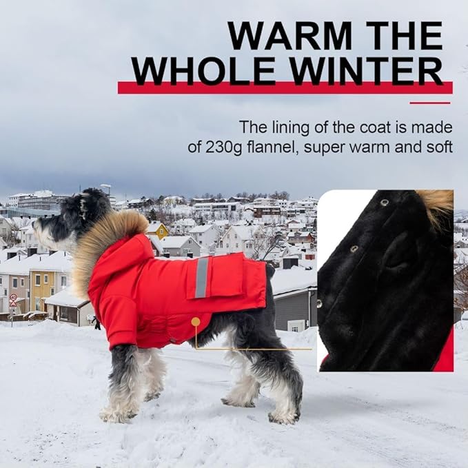PINA Small Dog Coats - Waterproof, Warm Winter Jacket with Faux Fur Hood, Windproof Reflective, Flannel Lining