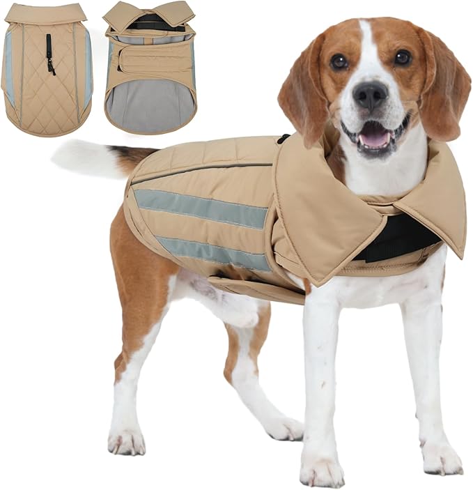 IECOii Dog Cold Weather Coats - Adjustable Snowsuit Reflective Large Dogs Hunting Vest for Pitbull, Waterproof Winter Snow Jacket for Varying Chest Breeds, Mashine Washable, Khaki, Sizes XL