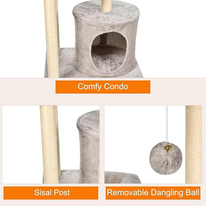 42-in Heavy-Duty Cat Tree for Large Cats, Multi-Level Tower with Sisal Scratching Posts, Plush Perch, Hammock & Condo Anti-Tip Design