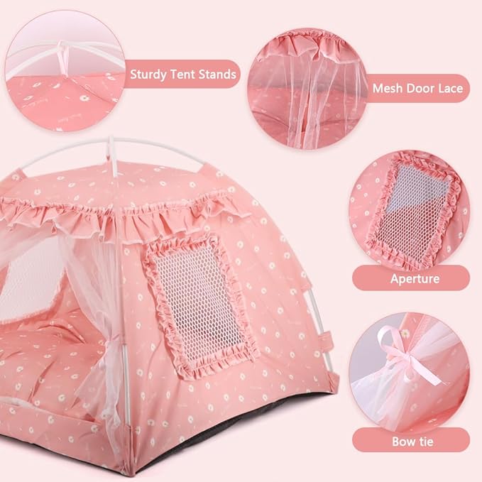 Pawstrip Dog Tent Indoor Cat House Pink Puppy Bed Portable Pet Teepe Princess Dog Camping Tent Outdoor Kitten Houses Cute Bunny Nest Girl Kitty Cave, Small (13.8" x 13.8" x 11.8")